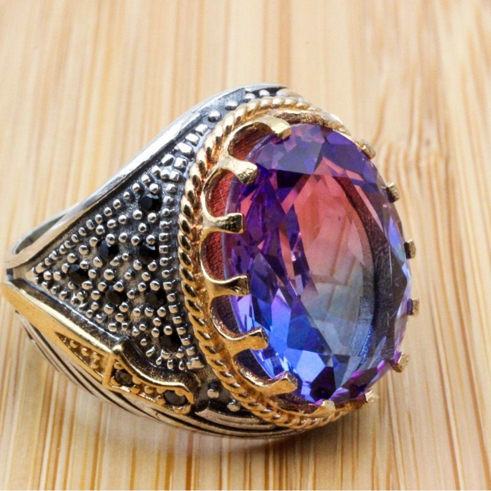 Men's Handmade Ring, Turkish Handmade Men's Ring, Ottoman Men's Ring, Tourmaline Men's Ring, Mens Ring, Gift for Him, 925k Sterling Silver