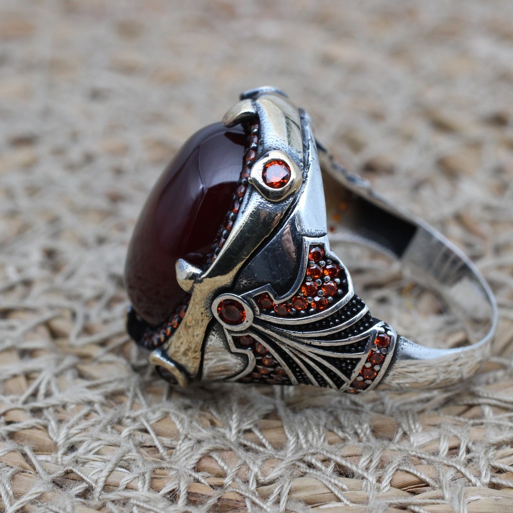 Agate Men's Ring, Ottoman Men's Ring, Handmade Men's Ring, Turkish Ring, Oval Stone Ring, Men's Jewelry, Gift for Him, 925 Sterling Silver