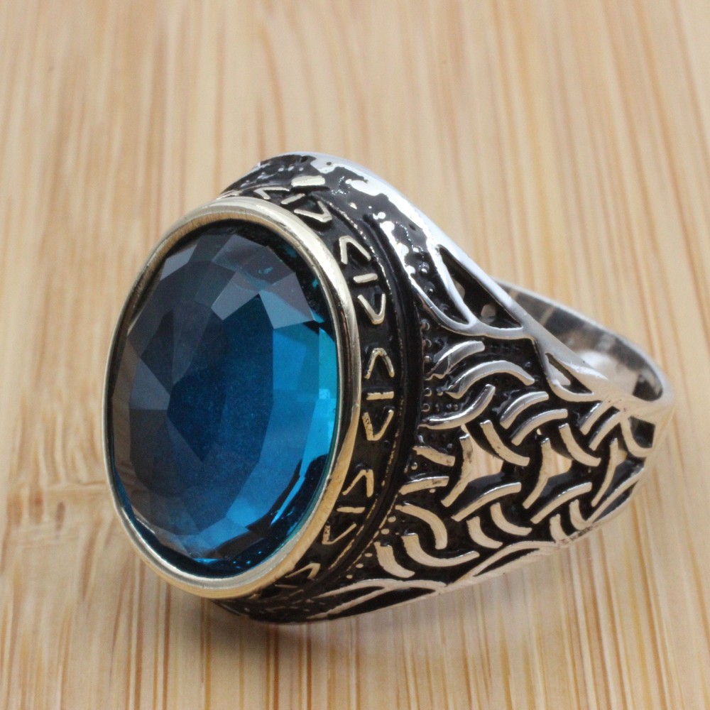 Aquamarine Ring, Turkish Handmade Silver Men Ring, Mens Handmade Ring, Ottoman Ring, Men's Jewelry, Gift for Him, 925k Sterling Silver Ring