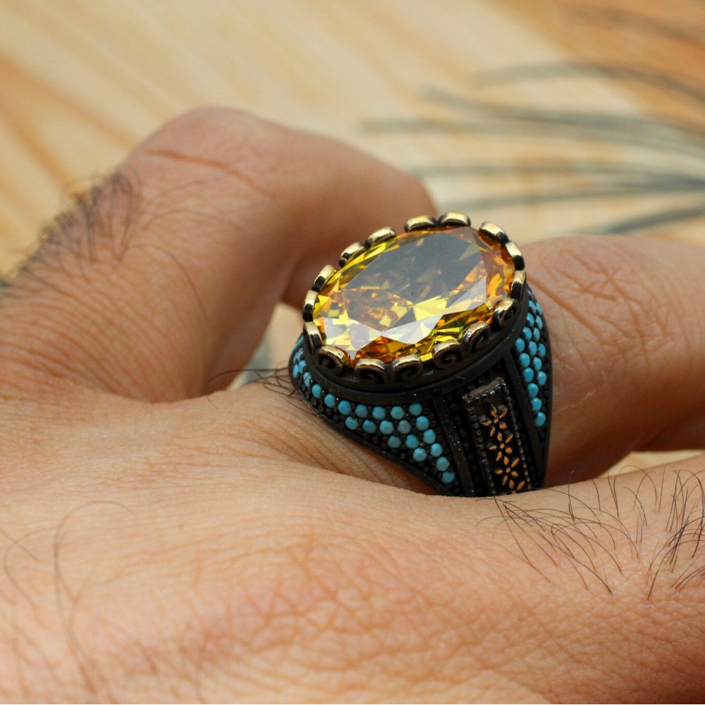 Citrine Men's Ring, Handmade Men's Ring, Turkish Handmade Ring, Ottoman Men's Ring, Men's Jewelry, Gift for Him, 925k Sterling Silver Ring