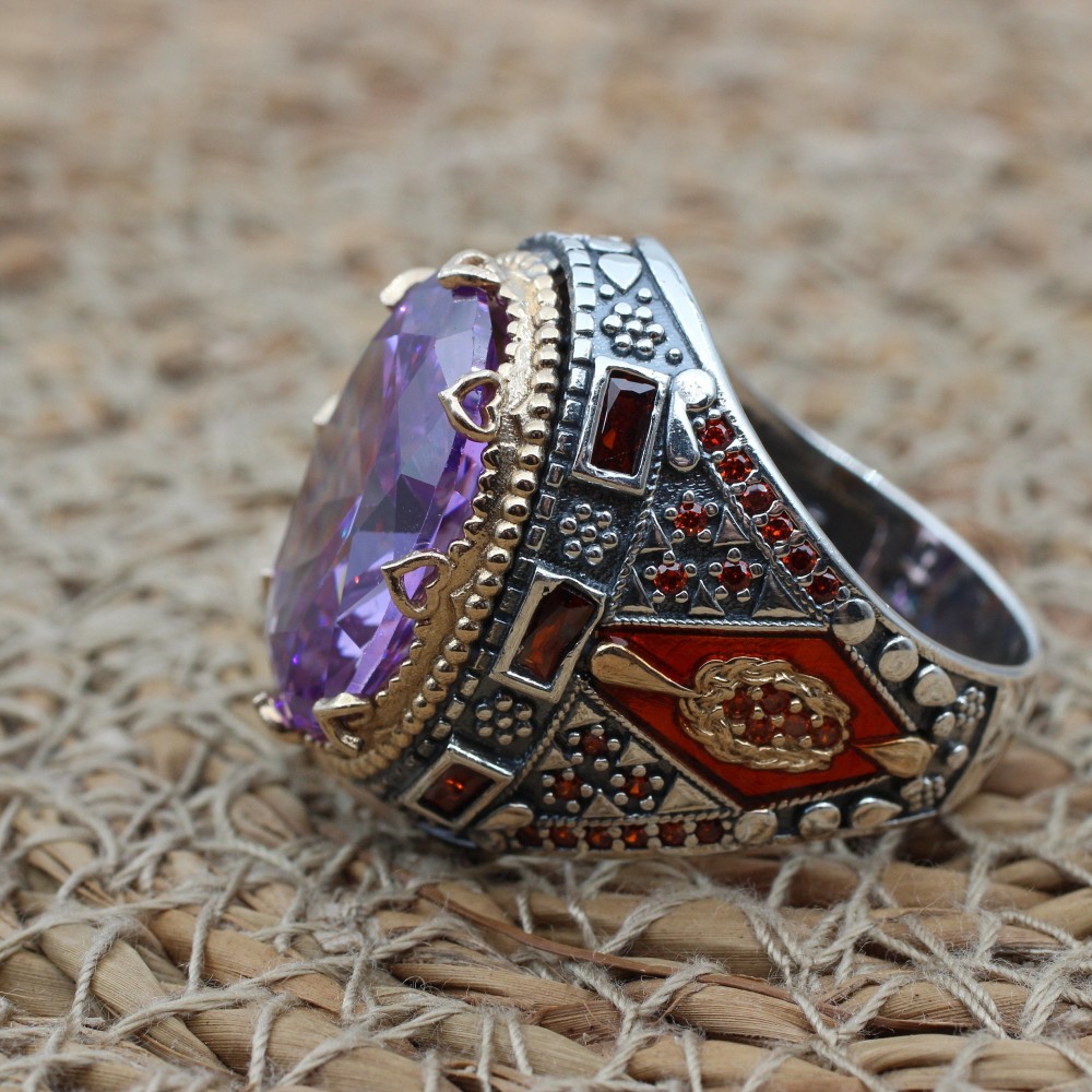 Amethyst Men's Ring, Mens Handmade Ring, Turkish Handmade Silver Men Ring, Ottoman Men Ring, Men Jewelry, Gift for Him, 925k Sterling Silver