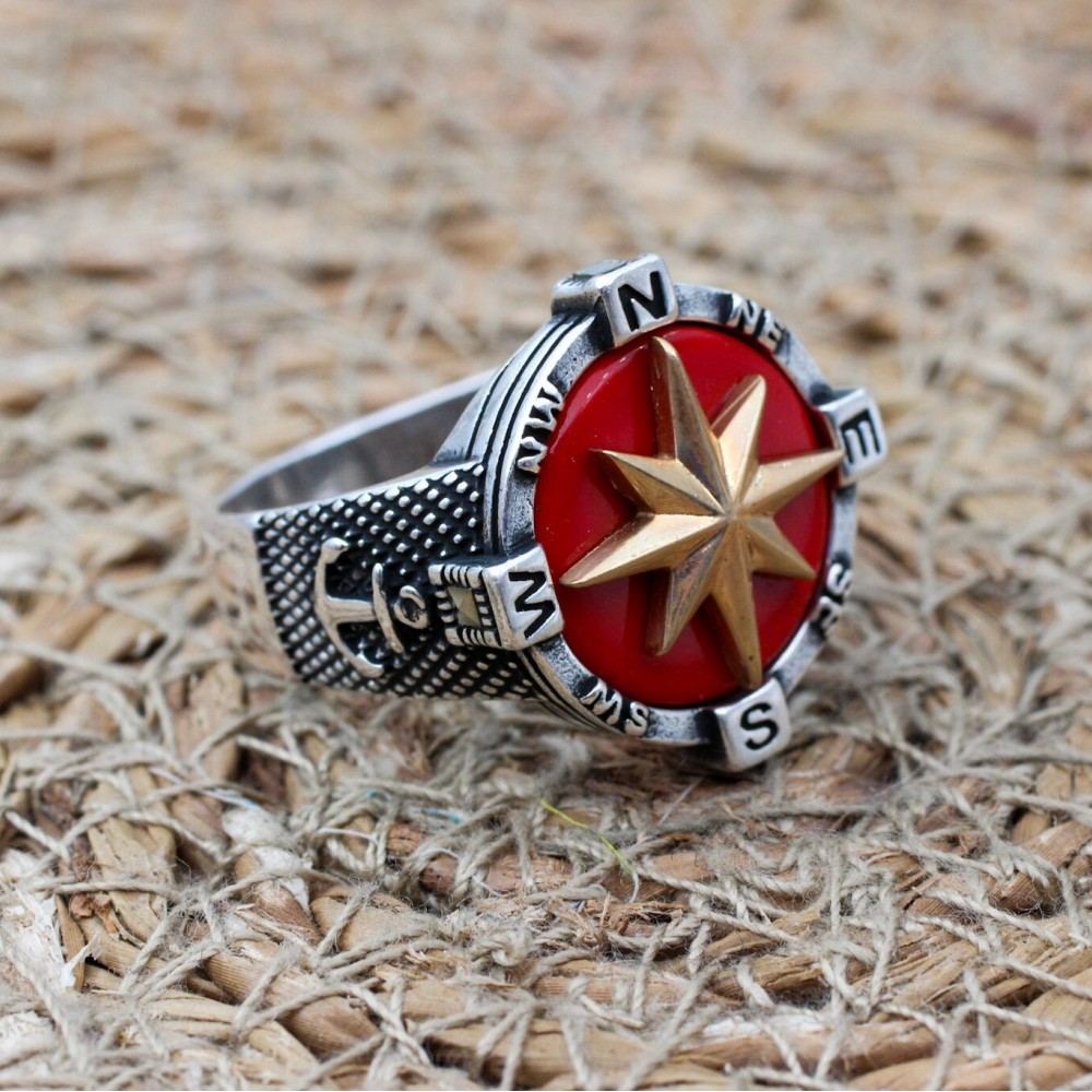 Turkish Handmade Ring, Compass Ring, Men's Handmade Ring, Anchor Ring, Agate Men Ring, Mens Jewelry, Gift for Him, 925k Sterling Silver Ring