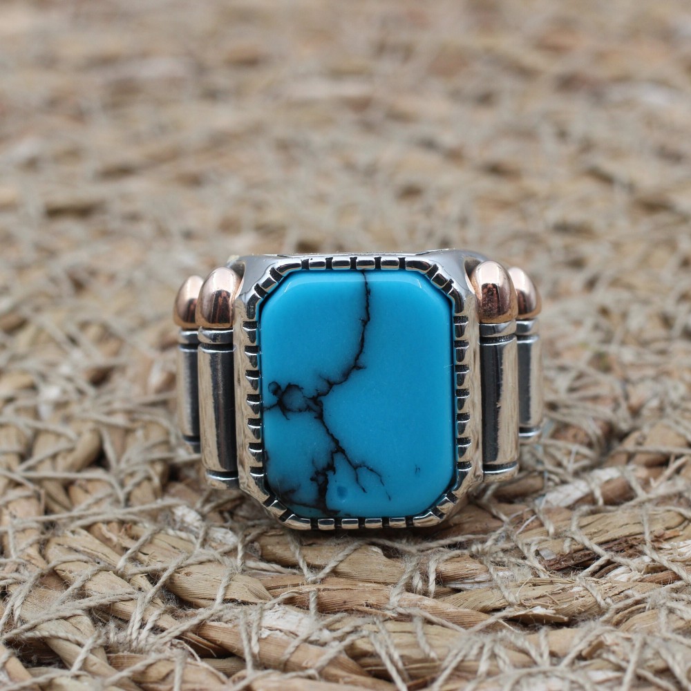 Turquoise Men's Ring, Handmade Men's Ring, Turkish Handmade Men's Ring, Ottoman Ring, Men's Jewelry, Gift for Him, 925k Sterling Silver Ring
