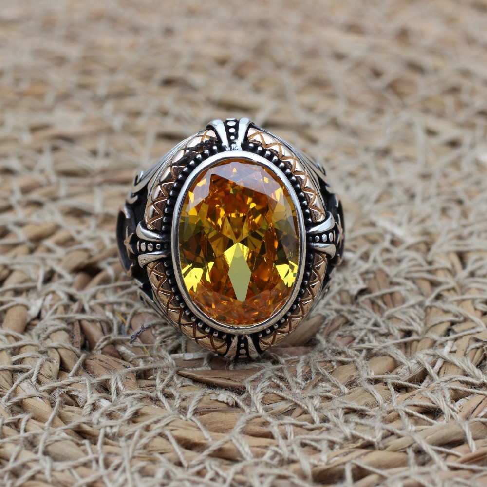 Citrine Men's Ring, Handmade Men's Ring, Turkish Handmade Silver Men Ring, Men Ring, Men's Jewelry, Gift for Him, 925k Sterling Silver Ring,