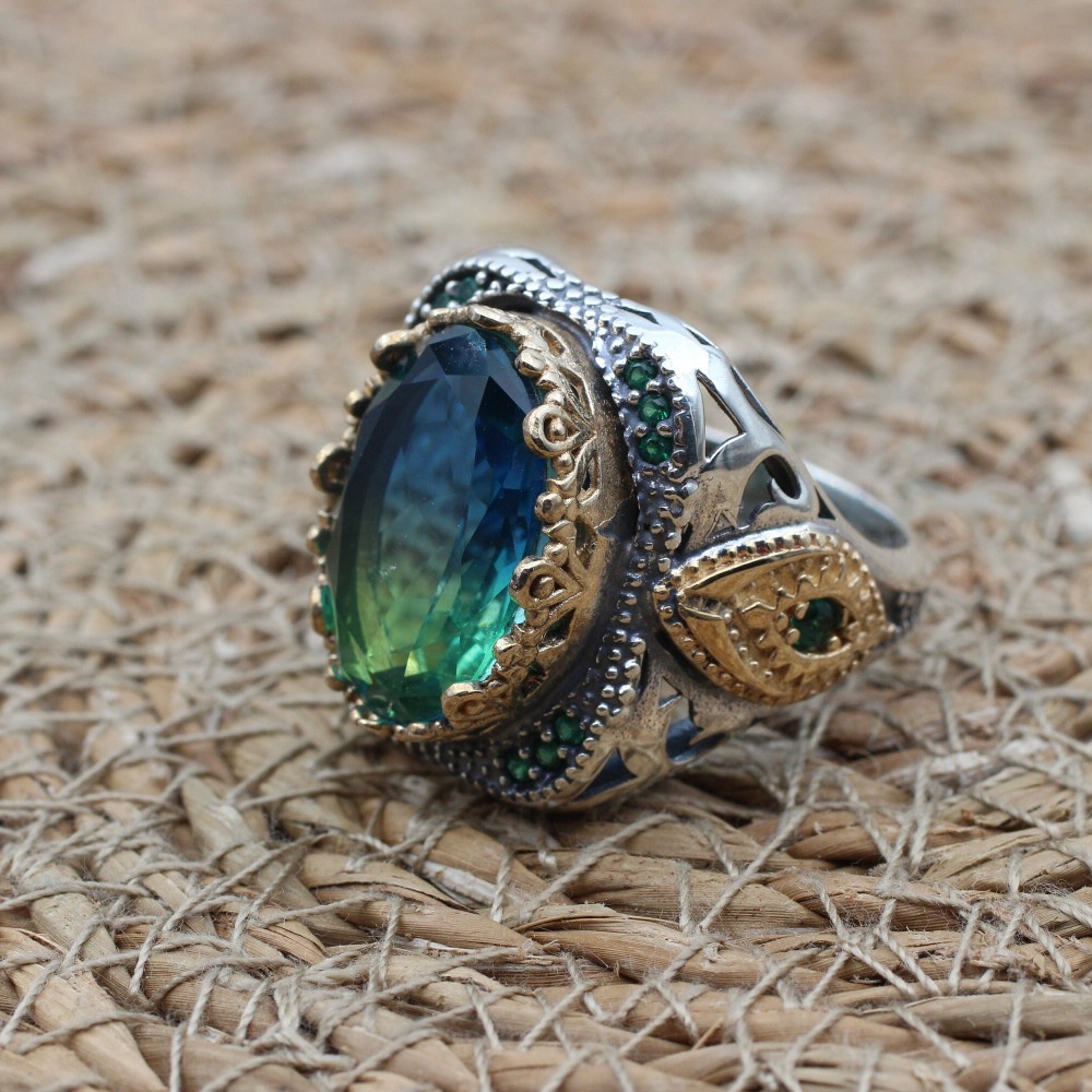 Tourmaline Men's Ring, Handmade Men's Ring, Turkish Handmade Ring, Ottoman Men's Ring, Men's Jewelry, Gift for Him, 925 Sterling Silver