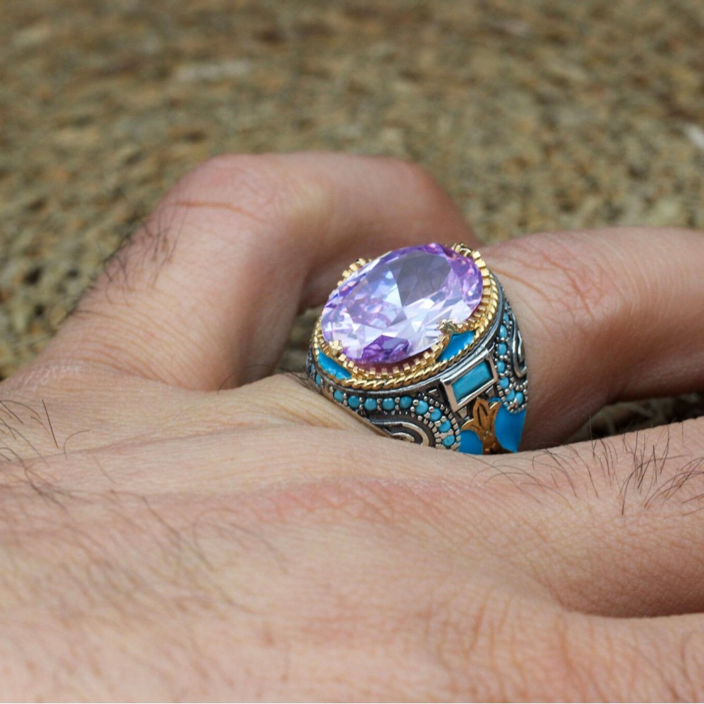 Amethyst Men's Ring, Mens Handmade Ring, Turkish Handmade Silver Men Ring, Ottoman Men Ring, Men Jewelry, Gift for Him, 925k Sterling Silver