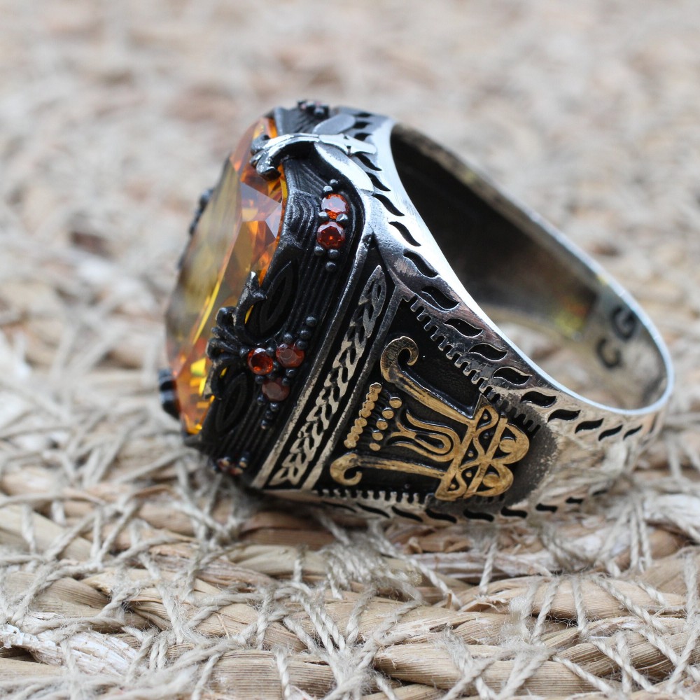 Citrine Men's Ring, Handmade Men's Ring, Turkish Handmade Ring, Ottoman Men's Ring, Men's Jewelry, Gift for Him, 925k Sterling Silver Ring