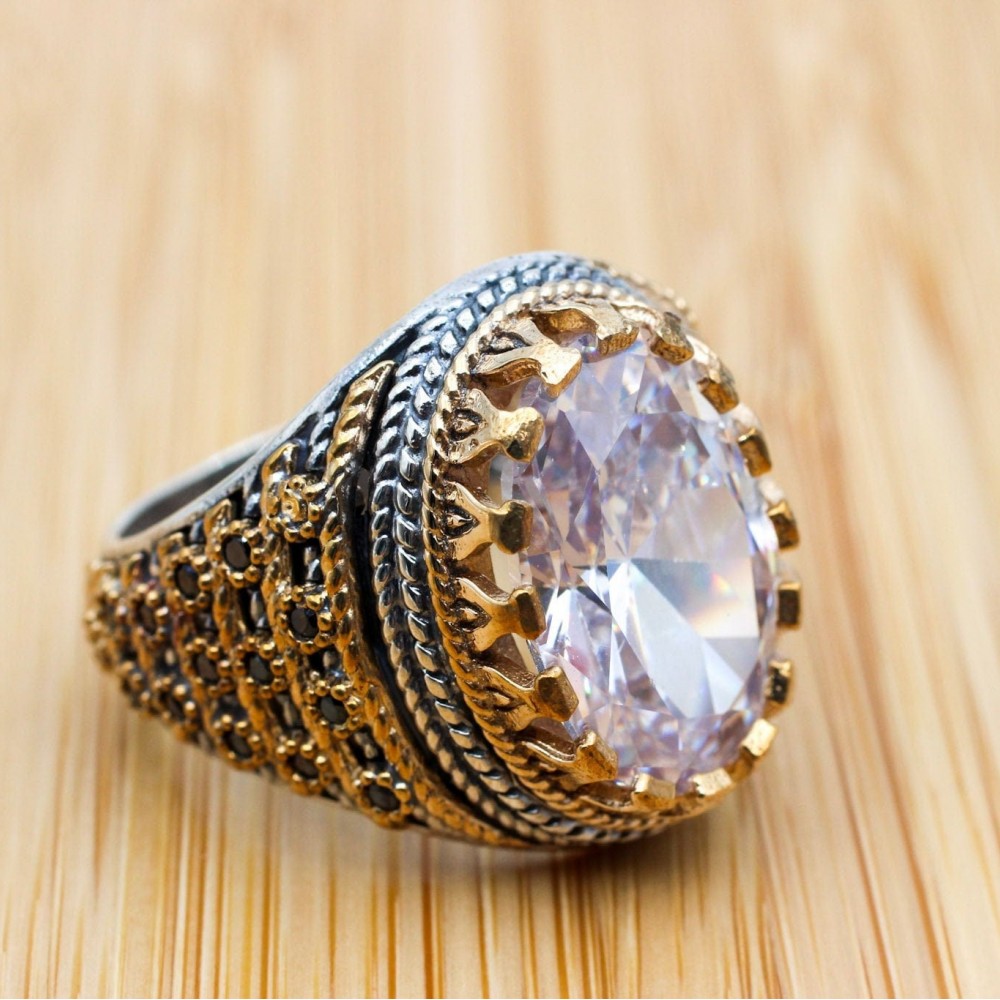 Handmade Men's Ring, Turkish Handmade Silver Ring, Ottoman Men's Ring, Zircon Men's Ring, Mens Jewelry, Gift for Him, 925k Sterling Silver,