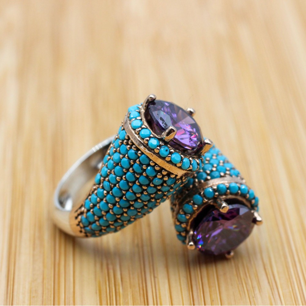 Amethyst Ring, Ladies Ring, Turquoise Ring, Handmade Women's Ring, Turkish Handmade, Authentic Ring, 925 Sterling Silver, Adjustable Ring,