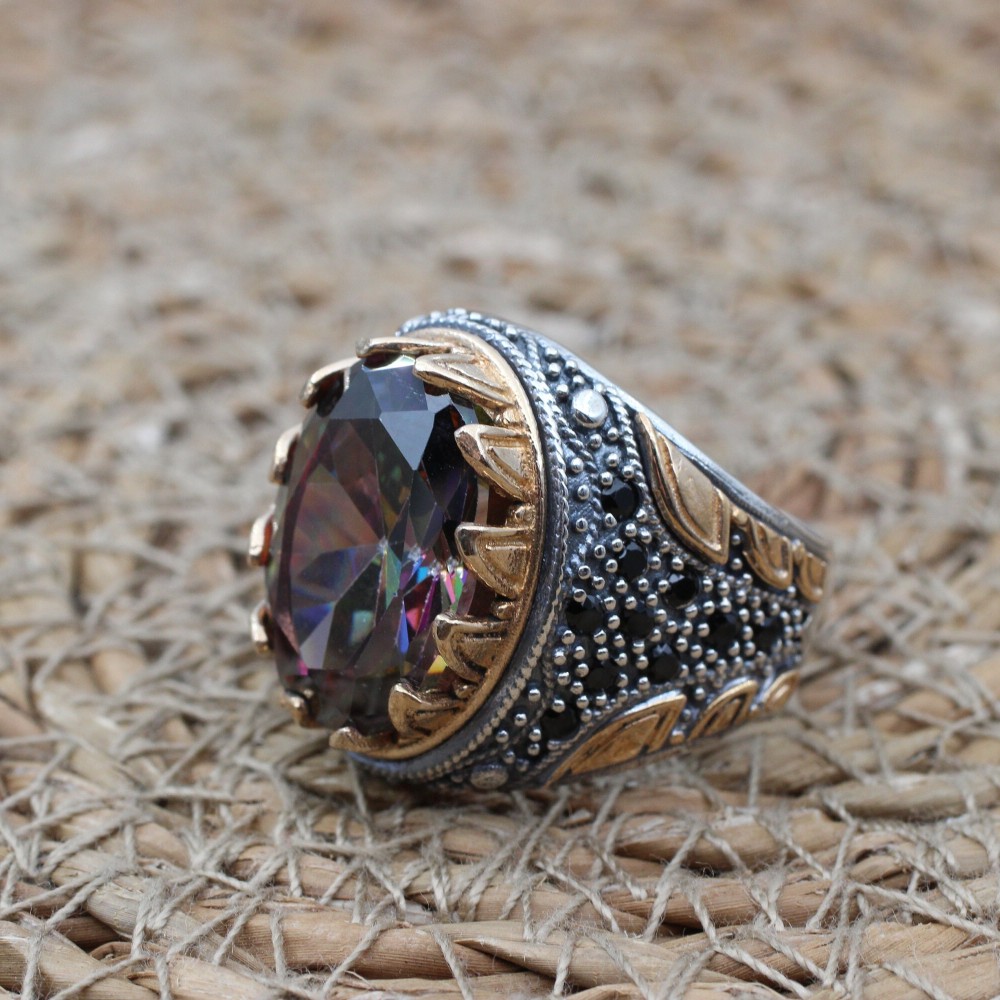 Mystic Topaz Ring, Handmade Ring, Turkish Handmade Silver Men Ring, Mystic Topaz Ring, Men's Jewelry, Gift for Him, 925k Sterling Silver