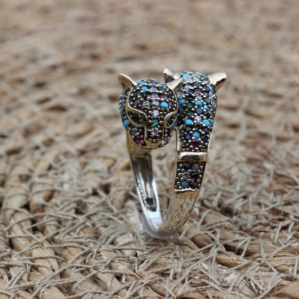 Emerald Tiger Ring, Handmade Women's Ring, Tiger Ring, Turkish Handmade Ring, Ottoman Women Ring, Ladies Ring, 925k Sterling Silver, Tiger,