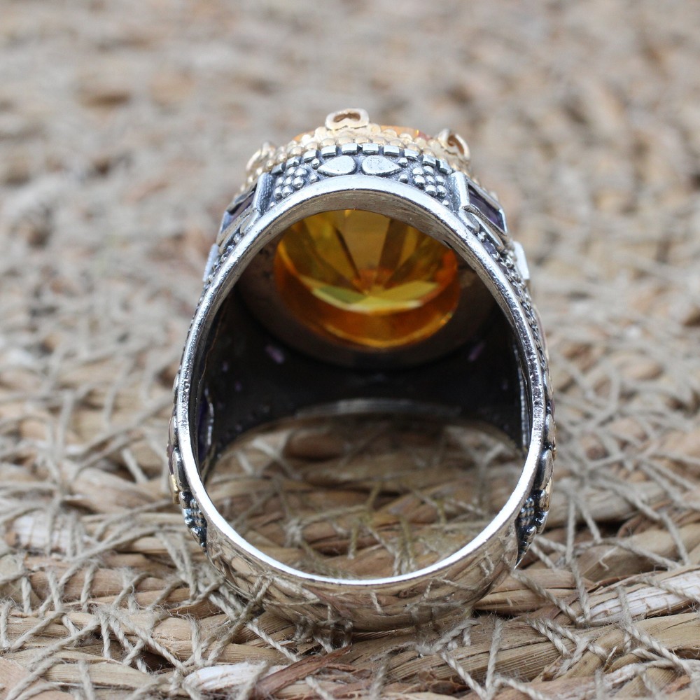 Citrine Men's Ring, Handmade Men's Ring, Turkish Handmade Ring, Ottoman Men's Ring, Men's Jewelry, Gift for Him, 925k Sterling Silver Ring