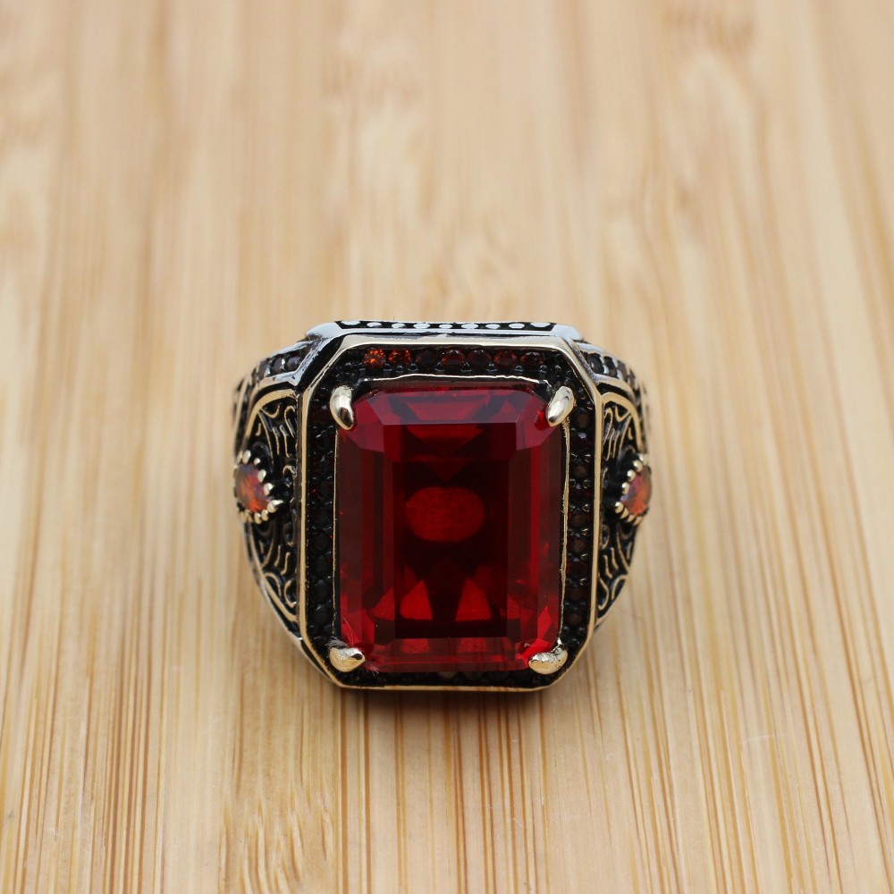 Ruby Men's Ring, Men's Handmade Ring, Turkish Handmade Silver Mens Ring, Ottoman Mens Ring, Mens Jewelry, Gift for Him, 925k Sterling Silver