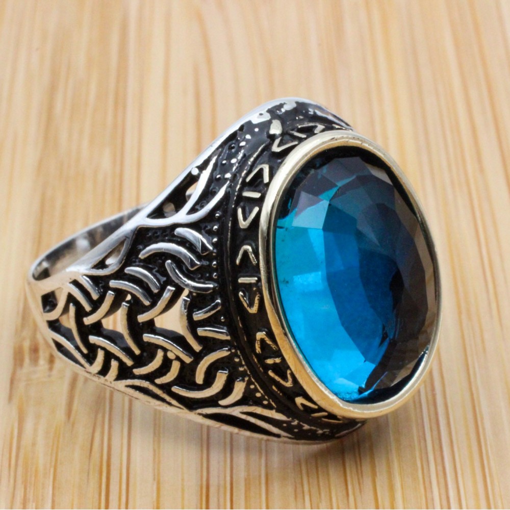 Aquamarine Ring, Turkish Handmade Silver Men Ring, Mens Handmade Ring, Ottoman Ring, Men's Jewelry, Gift for Him, 925k Sterling Silver Ring