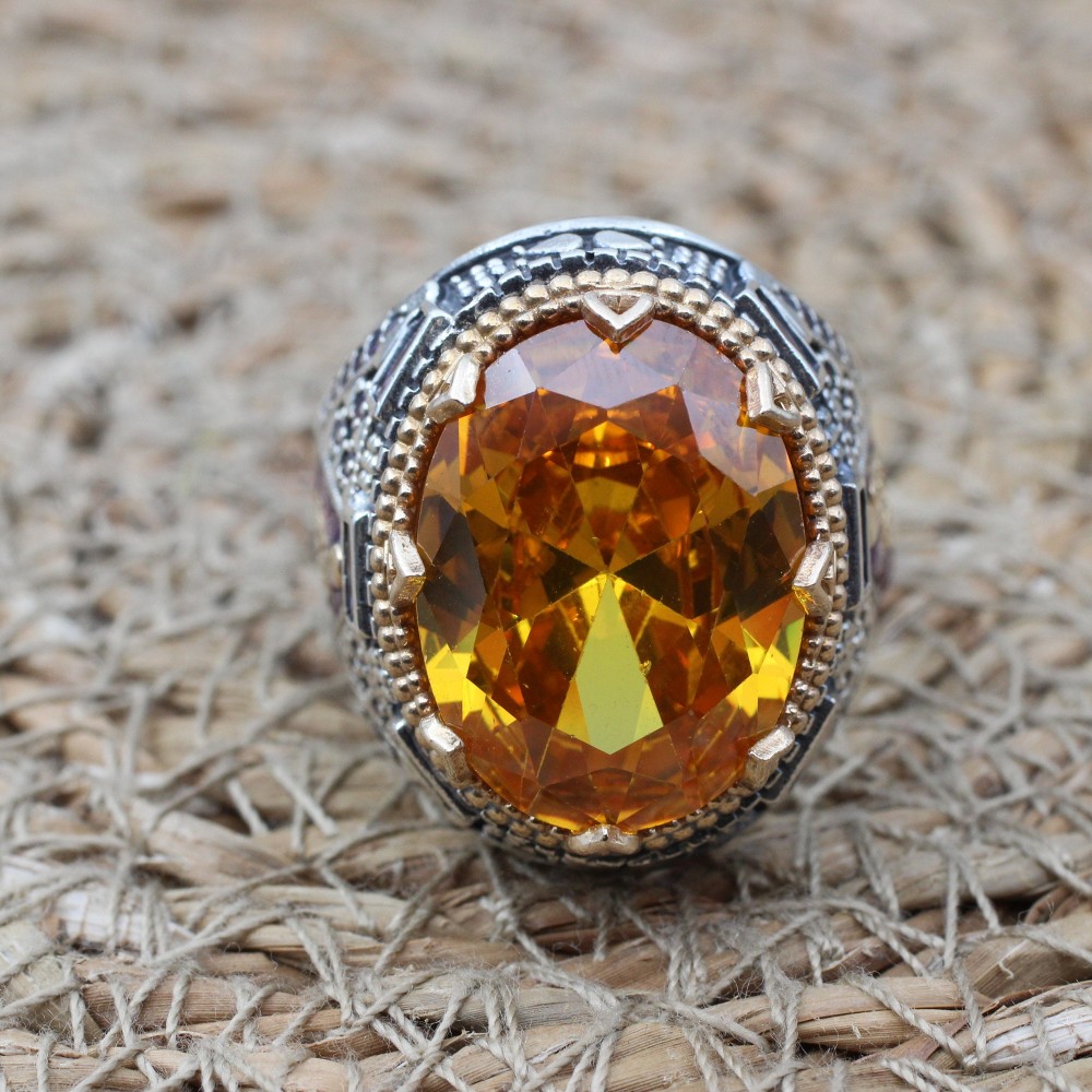 Citrine Men's Ring, Handmade Men's Ring, Turkish Handmade Ring, Ottoman Men's Ring, Men's Jewelry, Gift for Him, 925k Sterling Silver Ring