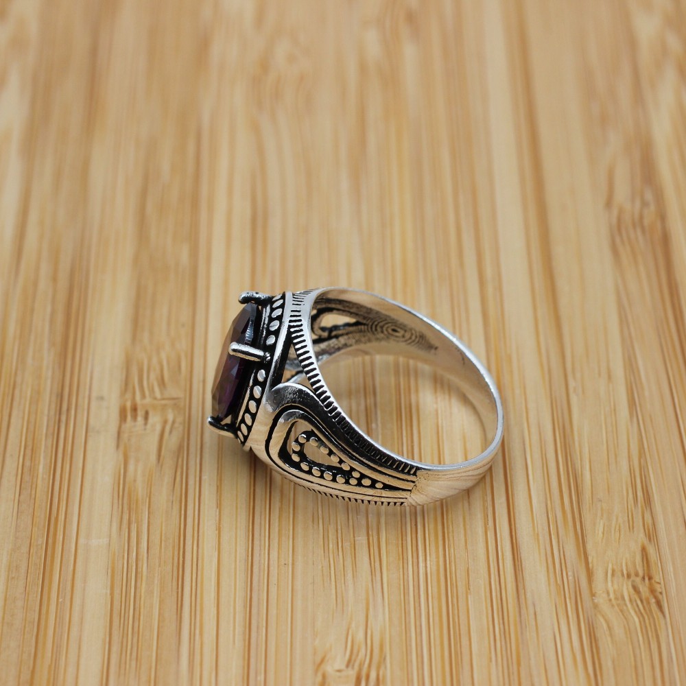 Men's Handmade Ring, Turkish Handmade Ring, Cubic Zircon, Ottoman Men Ring, Amethyst Ring, Men's Jewelry, Gift for Him, 925k Sterling Silver