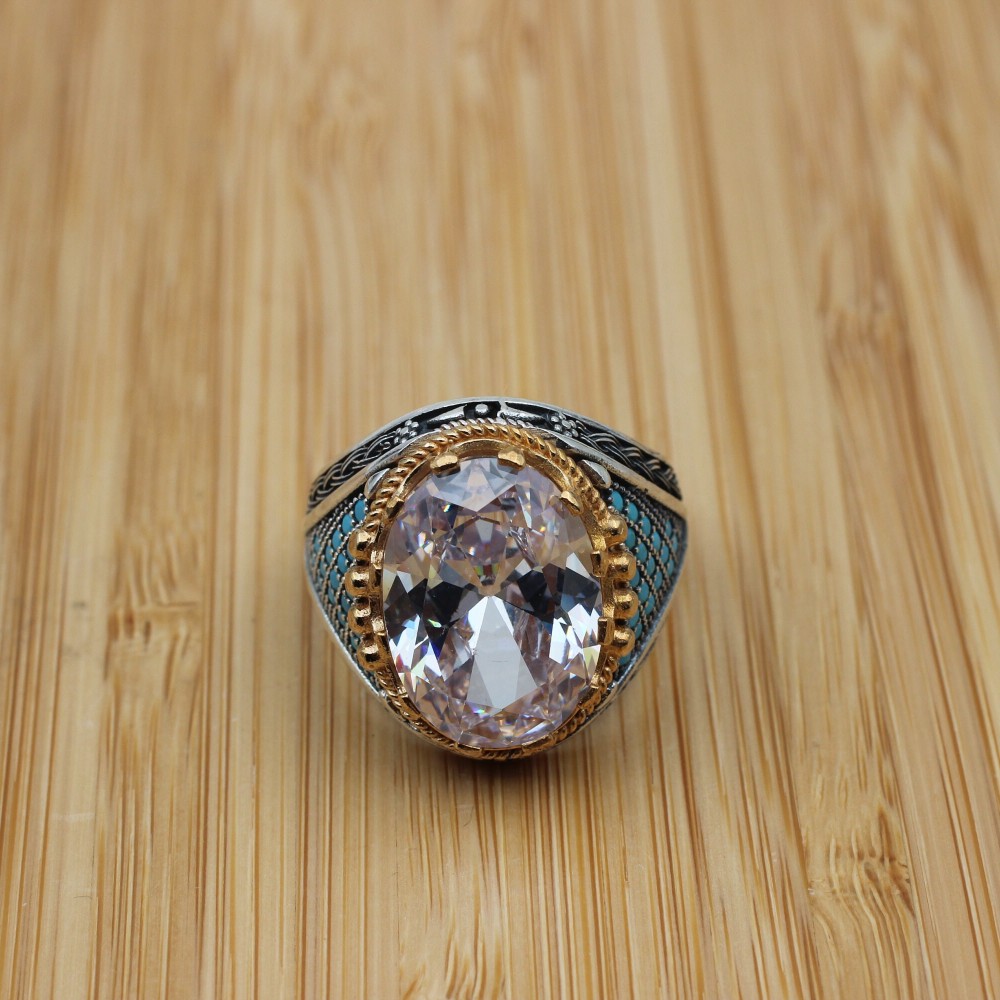 Mens Handmade Ring, Turkish Handmade Silver Men Ring, Ottoman Men Ring, Zircon Ring, Men's Jewelry, Gift for Him, 925k Sterling Silver Ring