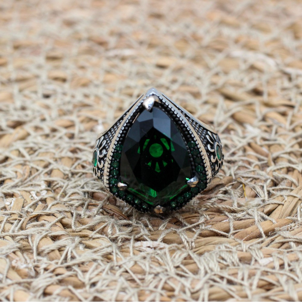 Emerald Men's Ring, Ottoman Men's Ring, Handmade Men's Ring, Turkish Handmade Men's Ring, Men's Jewelry, Gift for Him, 925 Sterling Silver