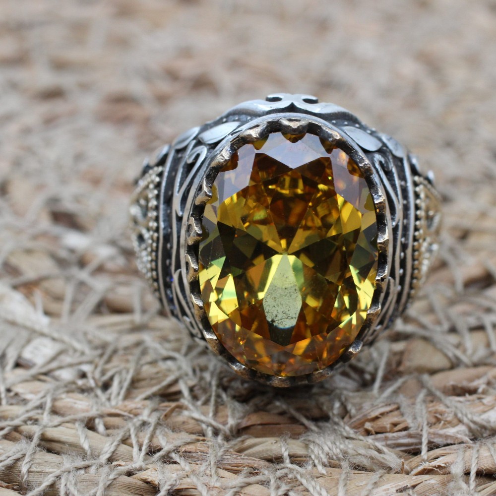 Citrine Men's Ring, Handmade Men's Ring, Turkish Handmade Ring, Ottoman Men's Ring, Men's Jewelry, Gift for Him, 925k Sterling Silver Ring