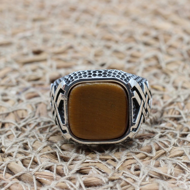Men's Handmade Ring, Turkish Handmade Silver Men Ring, Ottoman Ring, Tiger Eye Ring, Men's Jewelry, Gift for Him, 925k Sterling Silver Ring