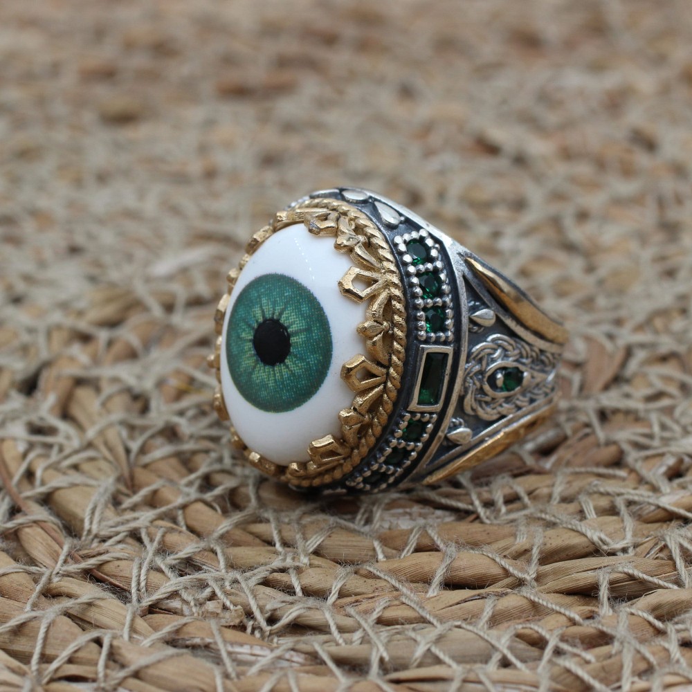 Evil Eye Men's Ring, Emerald Ring, Handmade Ring, Turkish Handmade Silver Men's Ring, Men's Jewelry, Gift for Him, 925k Sterling Silver Ring