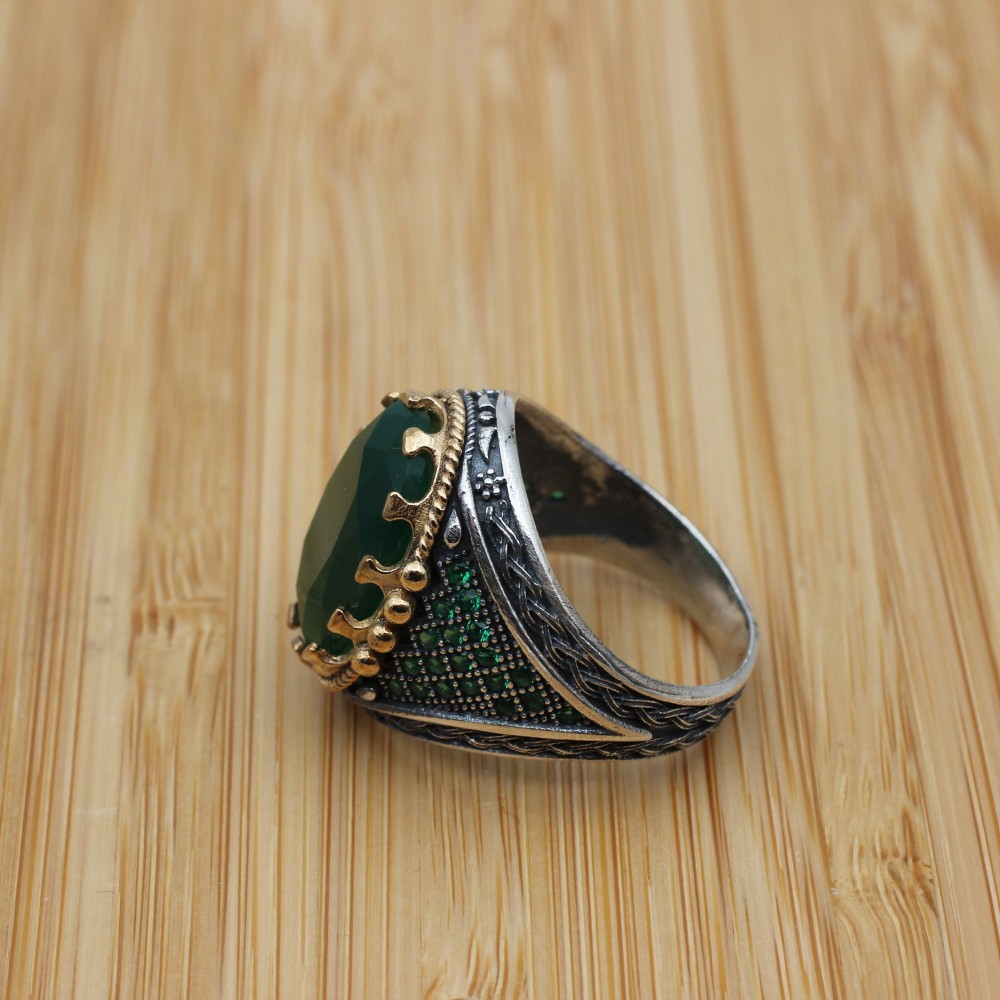 Mens Handmade Ring, Turkish Handmade Silver Men Ring, Ottoman Men Ring, Emerald Ring, Men's Jewelry, Gift for Him, 925k Sterling Silver Ring