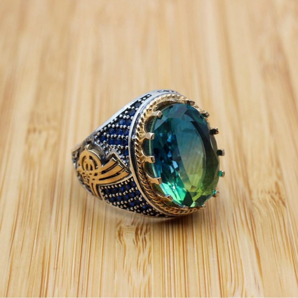 Turkish Handmade Silver Men's Ring, Men's Handmade Ring, Yemeni Ring, Aquamarine Ring, Ottoman Ring, Gift for Him, 925k Sterling Silver,