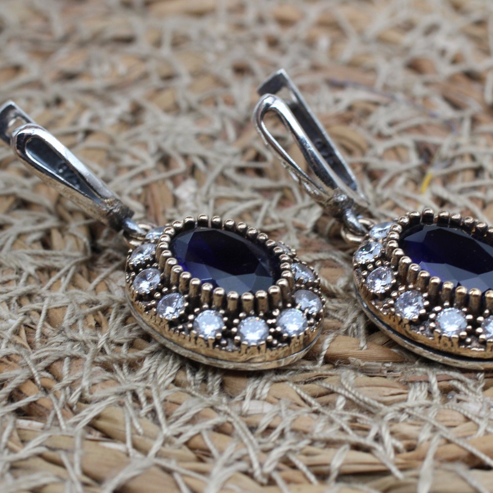 Sapphire Set, Authentic Set, Handmade Set Women, Turkish Handmade, Ladies Jewelry Set, Earring, Pendant, Ladies Set, 925k Sterling Silver