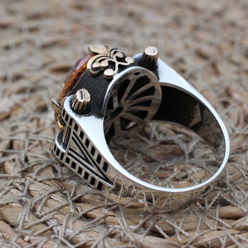 Men's Handmade Ring, Topaz Men's Ring, Men's Ring, Turkish Handmade Silver Men's Ring, Ottoman Mens Ring, Gift for Him, 925k Sterling Silver