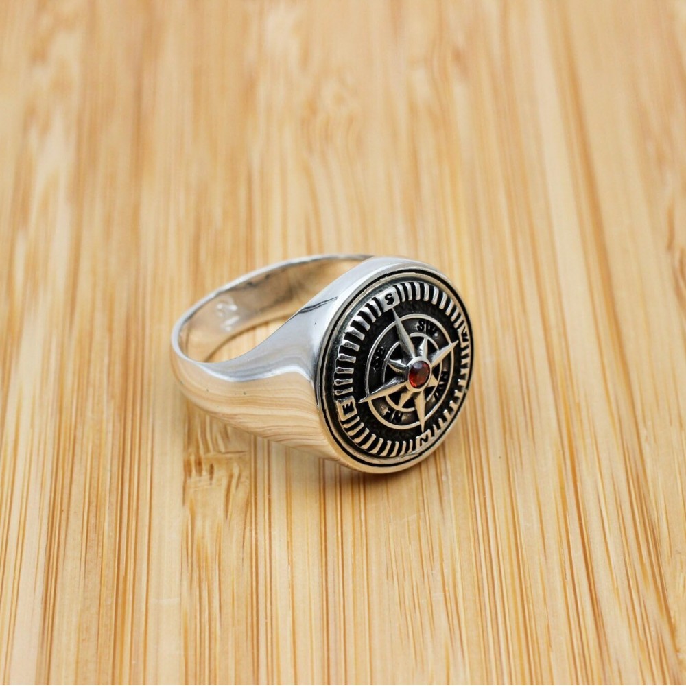 Turkish Handmade Ring, Compass Ring, Men's Handmade Ring, Men's Ring, Ruby Ring, Men's Jewelry, Gift for Him, 925 Sterling Silver Ring, Ruby