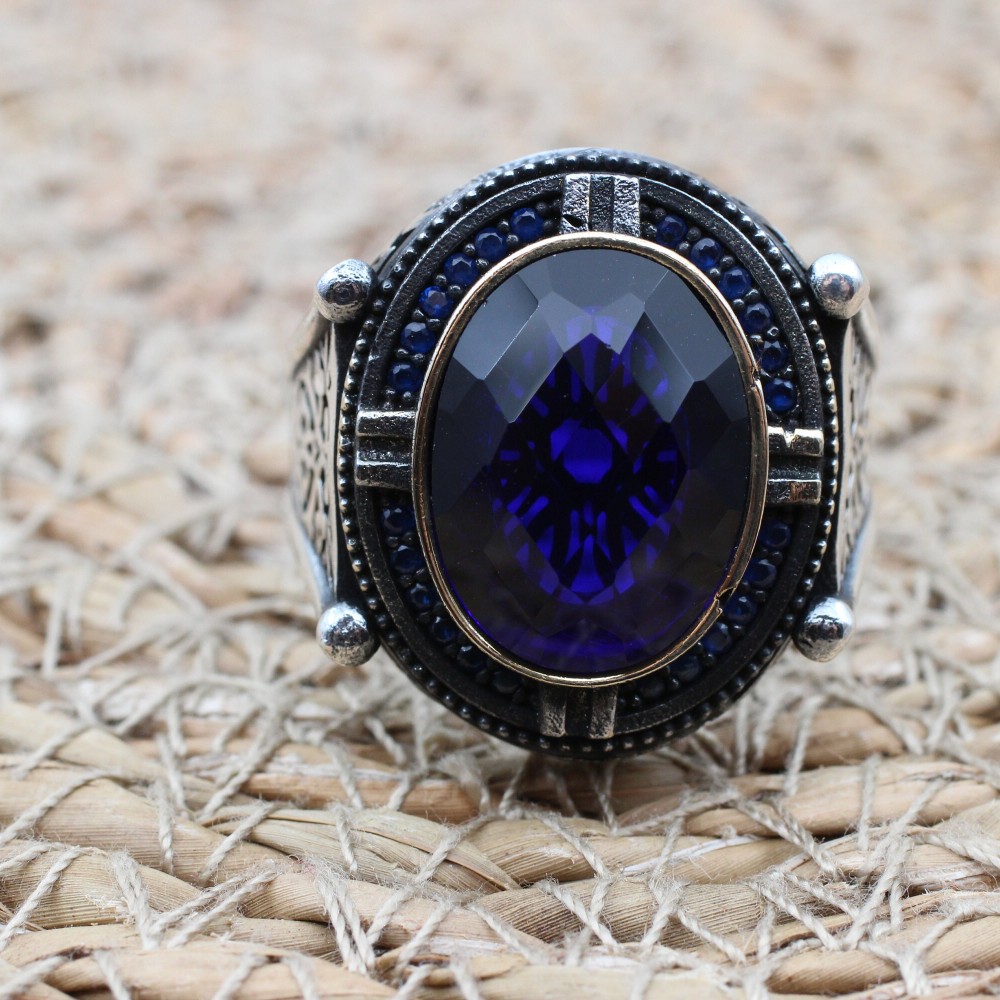 Turkish Handmade Silver Men Ring, Mens Handmade Ring, Ottoman Ring, Sapphire Ring, Men's Jewelry, Gift for Him, 925k Sterling Silver Ring