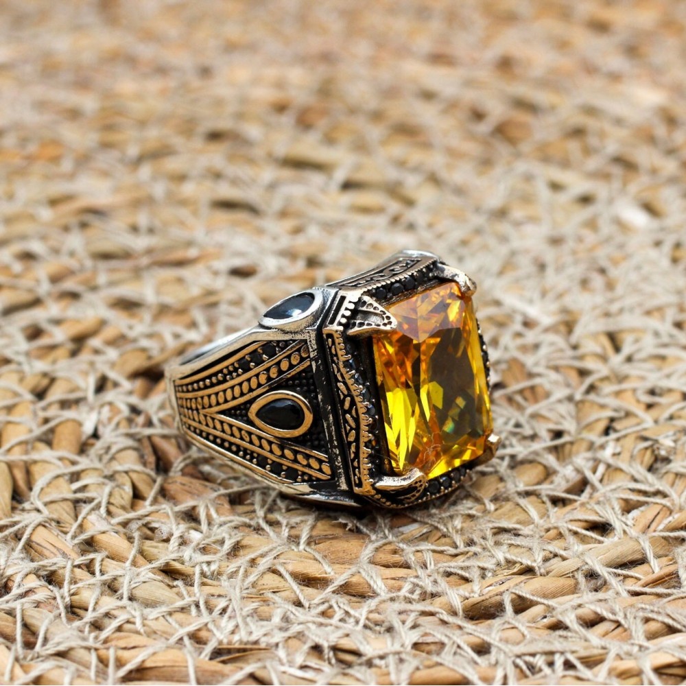 Men's Handmade Ring, Turkish Handmade Ring, Citrine Men's Ring, Ottoman Men's Ring, Men's Jewelry, Gift for Him, 925k Sterling Silver Ring