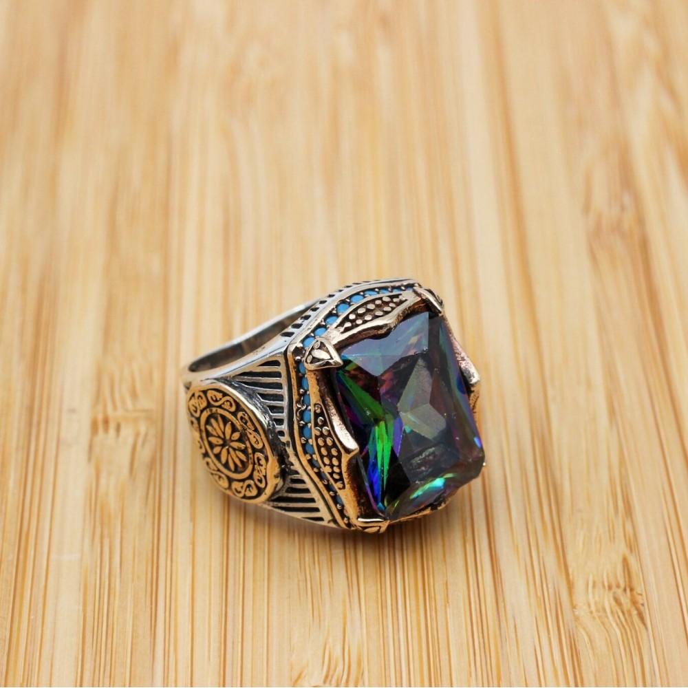 Mystic Topaz Ring, Handmade Ring, Turkish Handmade Silver Men Ring, Mystic Topaz Ring, Men's Jewelry, Gift for Him, 925k Sterling Silver