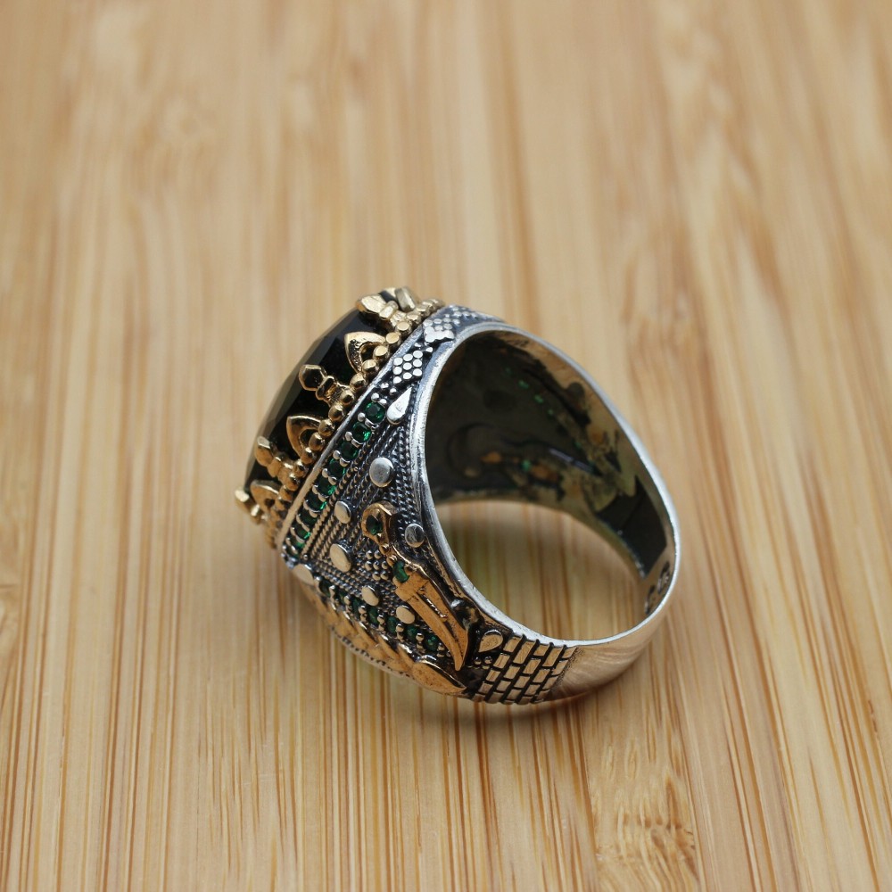 Emerald Men's Ring, Handmade Mens Ring, Turkish Handmade Silver Ring, Ottoman Men Ring, Men's Jewelry, Gift for Him, 925k Sterling Silver