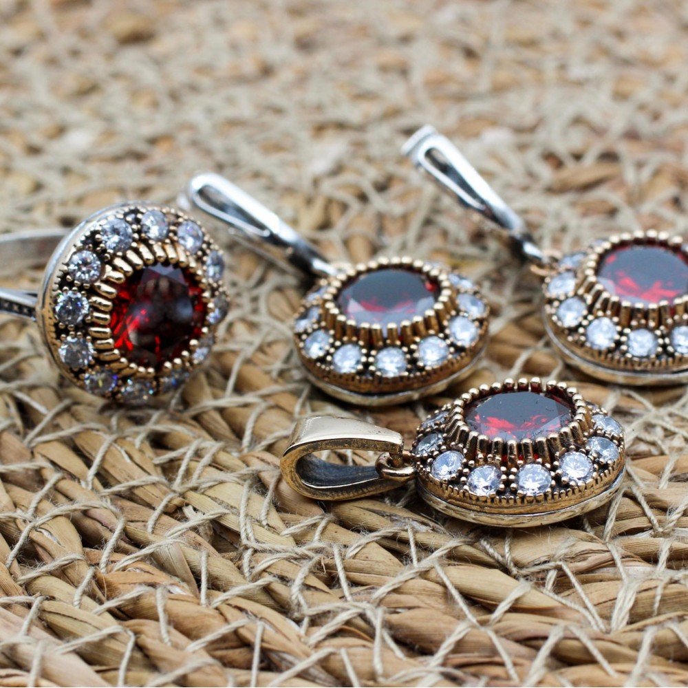 Ruby Set, Authentic Set, Handmade Set Women, Turkish Handmade, Ladies Jewelry Set, Earring, Pendant, Ladies Set, 925k Sterling Silver, Jewel