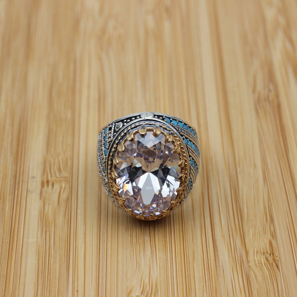 Mens Handmade Ring, Turkish Handmade Silver Men Ring, Ottoman Men Ring, Zircon Ring, Men's Jewelry, Gift for Him, 925k Sterling Silver Ring