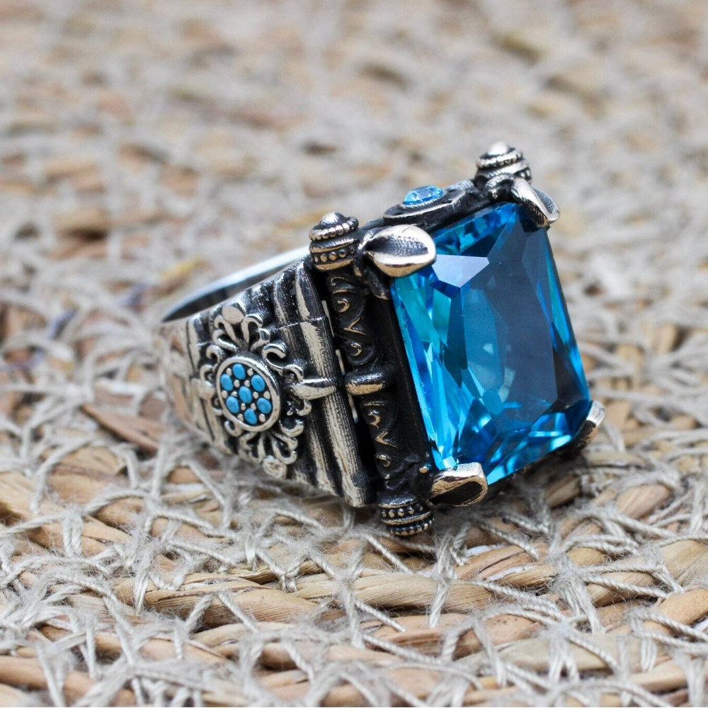 Aquamarine Mens Ring, Turkish Handmade Silver Mens Ring, Ottoman Ring, Square Stone Ring, Mens Jewelry, Gift for Him, 925k Sterling Silver