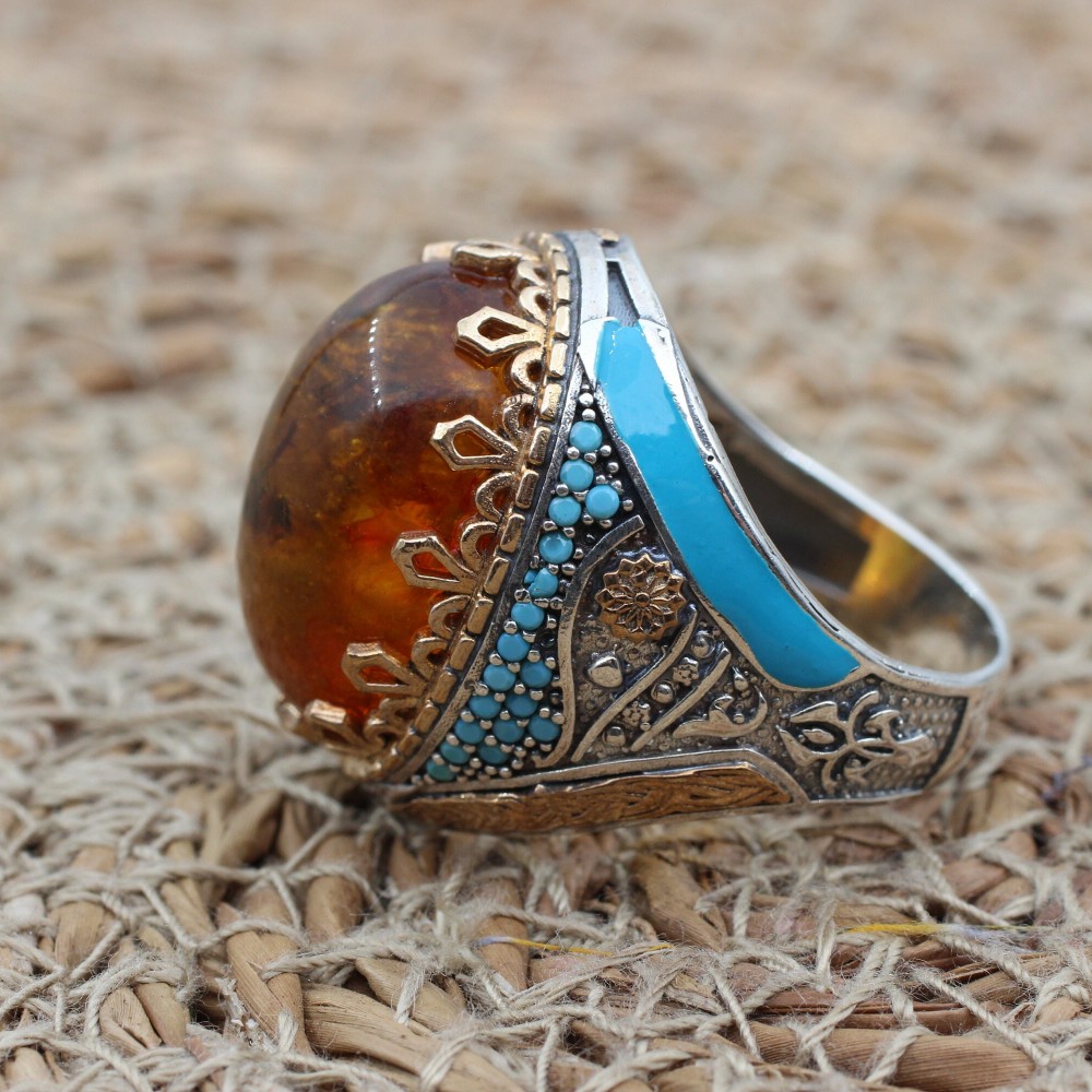 Amber Ring, Men's Handmade Ring, Ottoman Men Ring, Turkish Handmade Silver Men Ring, Yemeni Ring, Gift for Him, 925k Sterling Silver Ring