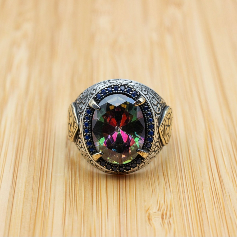 Mystic Topaz Men's Ring, Handmade Men's Ring, Turkish Handmade Ring, Silver Men's Ring, Men's Jewelry, Gift For Him, 925k Sterling Silver