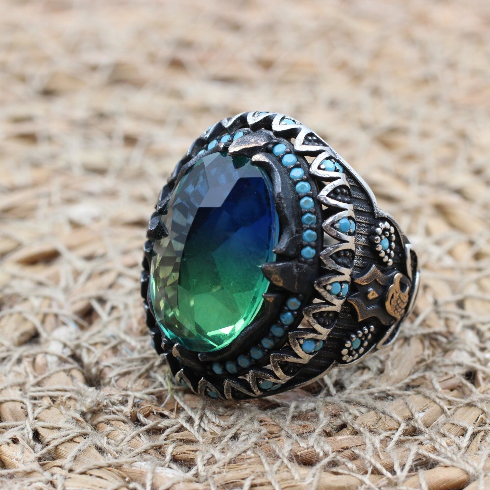 Tourmaline Men's Ring, Handmade Men's Ring, Turkish Handmade Ring, Ottoman Men's Ring, Men's Jewelry, Gift for Him, 925 Sterling Silver
