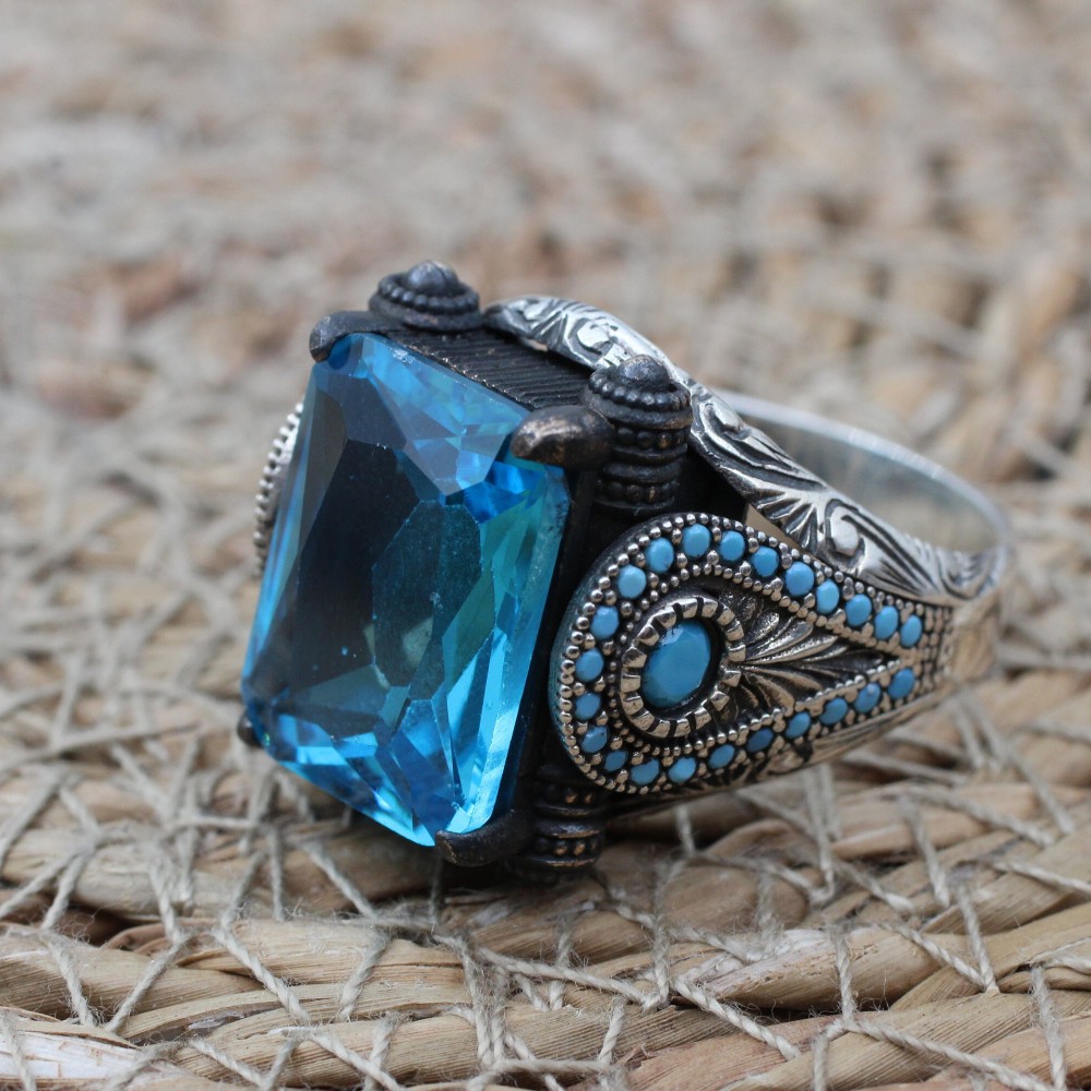 Mens Handmade Ring, Turkish Handmade Silver Men Ring, Ottoman Ring, Aquamarine Ring, Men's Jewelry, Gift for Him, 925k Sterling Silver Ring