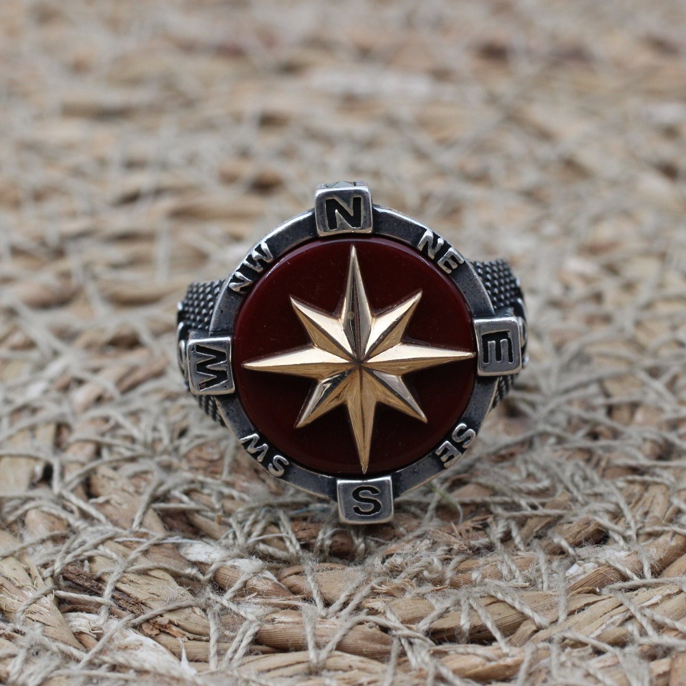 Turkish Handmade Ring, Compass Ring, Men's Handmade Ring, Anchor Ring, Agate Men Ring, Mens Jewelry, Gift for Him, 925k Sterling Silver Ring