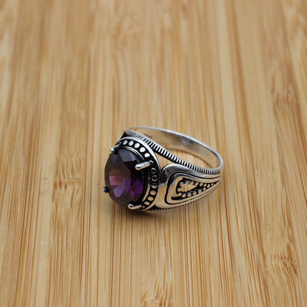 Men's Handmade Ring, Turkish Handmade Ring, Cubic Zircon, Ottoman Men Ring, Amethyst Ring, Men's Jewelry, Gift for Him, 925k Sterling Silver