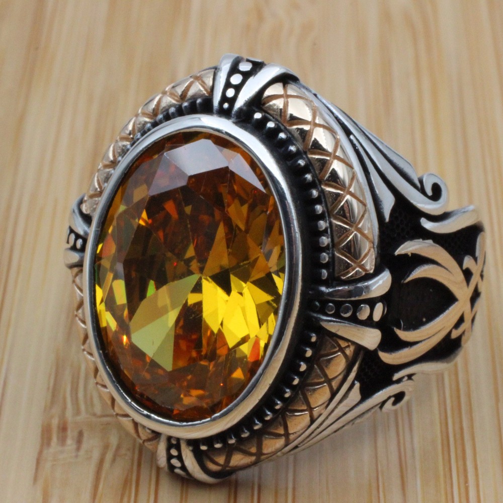 Citrine Topaz Men's Ring, Handmade Ring, Turkish Handmade Silver Men Ring, Men Ring, Men's Jewelry, Gift for Him, 925k Sterling Silver Ring,