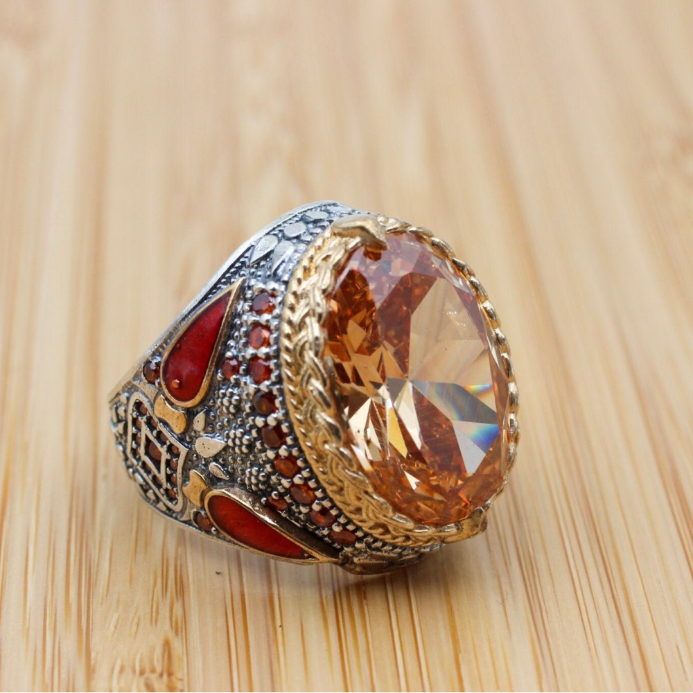 Turkish Handmade Silver Men's Ring, Men's Handmade Ring, Yemeni Ring, Topaz Men's Ring, Ottoman Ring, Gift for Him, 925k Sterling Silver,