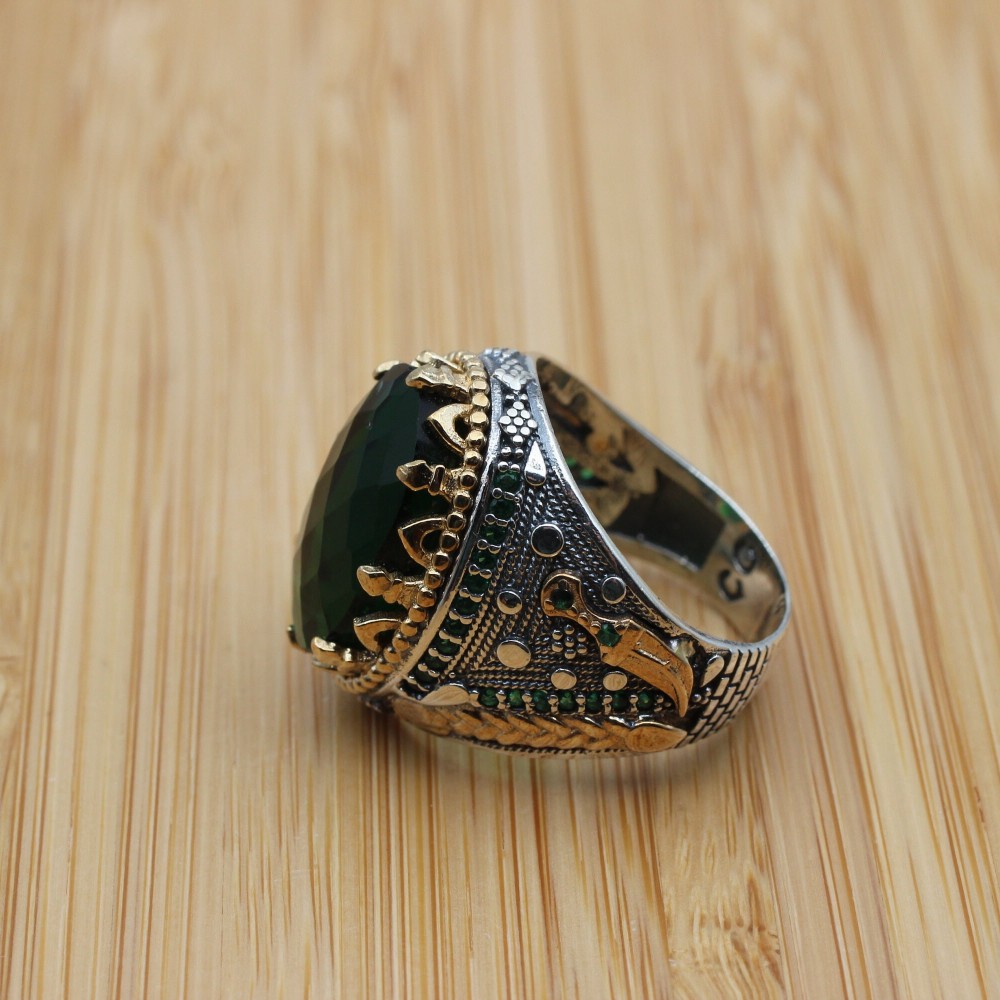 Emerald Men's Ring, Handmade Mens Ring, Turkish Handmade Silver Ring, Ottoman Men Ring, Men's Jewelry, Gift for Him, 925k Sterling Silver