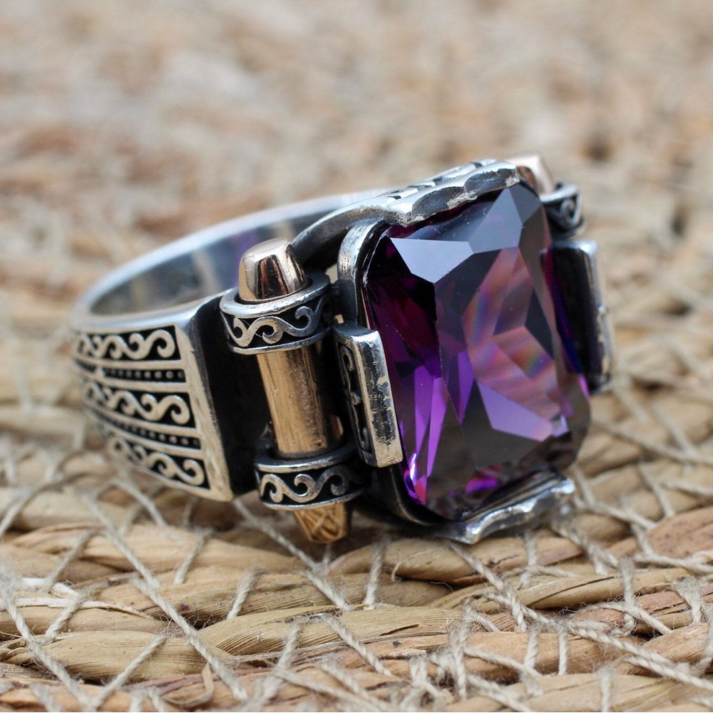 Men's Handmade Ring, Turkish Handmade Silver Men's Ring, Ottoman Ring, Amethyst Ring, Men's Jewelry, Amethyst, 925k Sterling Silver Ring