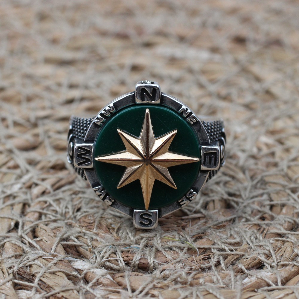 Turkish Handmade Ring, Compass Ring, Men's Handmade Ring, Anchor Ring, Agate Men Ring, Mens Jewelry, Gift for Him, 925k Sterling Silver Ring