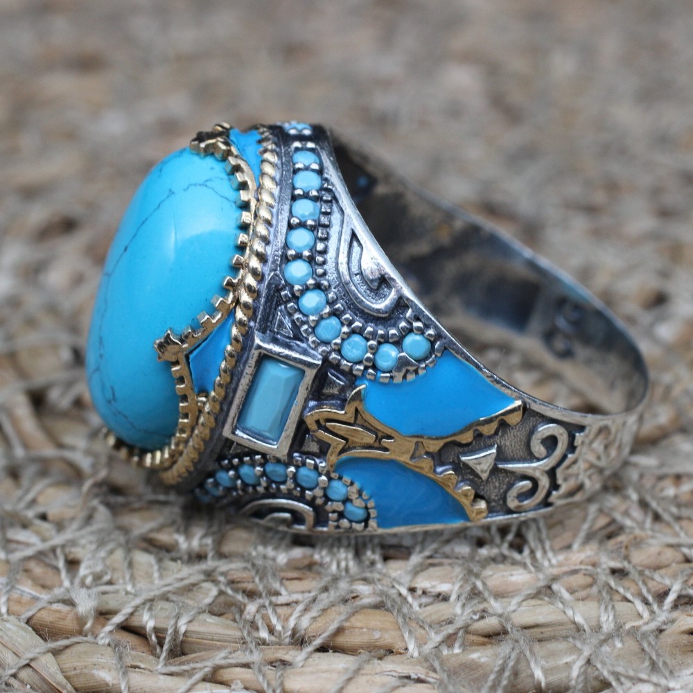 Men's Handmade Ring, Yemeni Ring, Turquoise Ring, Turkish Handmade Silver Men's Ring, Ottoman Men's Ring, Gift for Him, 925k Sterling Silver
