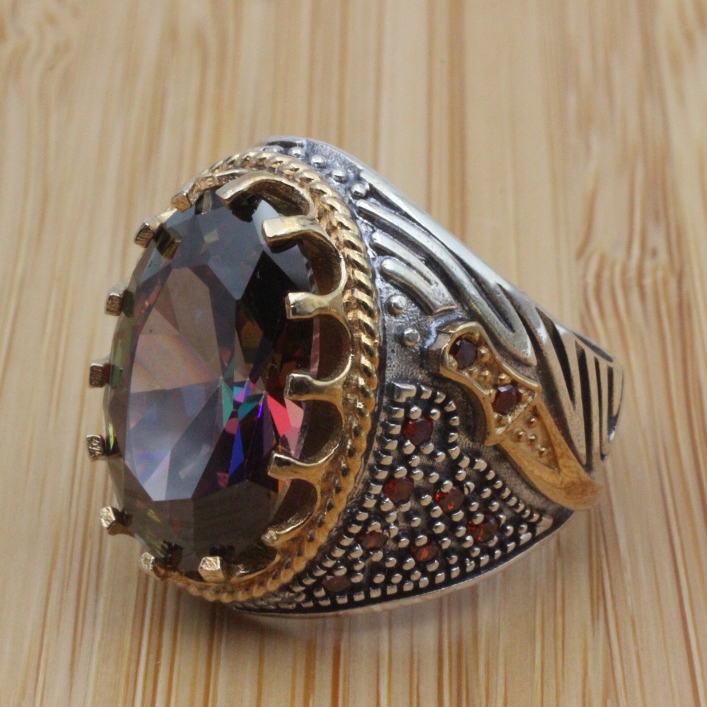 Turkish Handmade Silver Men's Ring, Men's Handmade Ring, Yemeni Ring, Mystic Topaz Ring, Ottoman Ring, Gift for Him, 925k Sterling Silver,